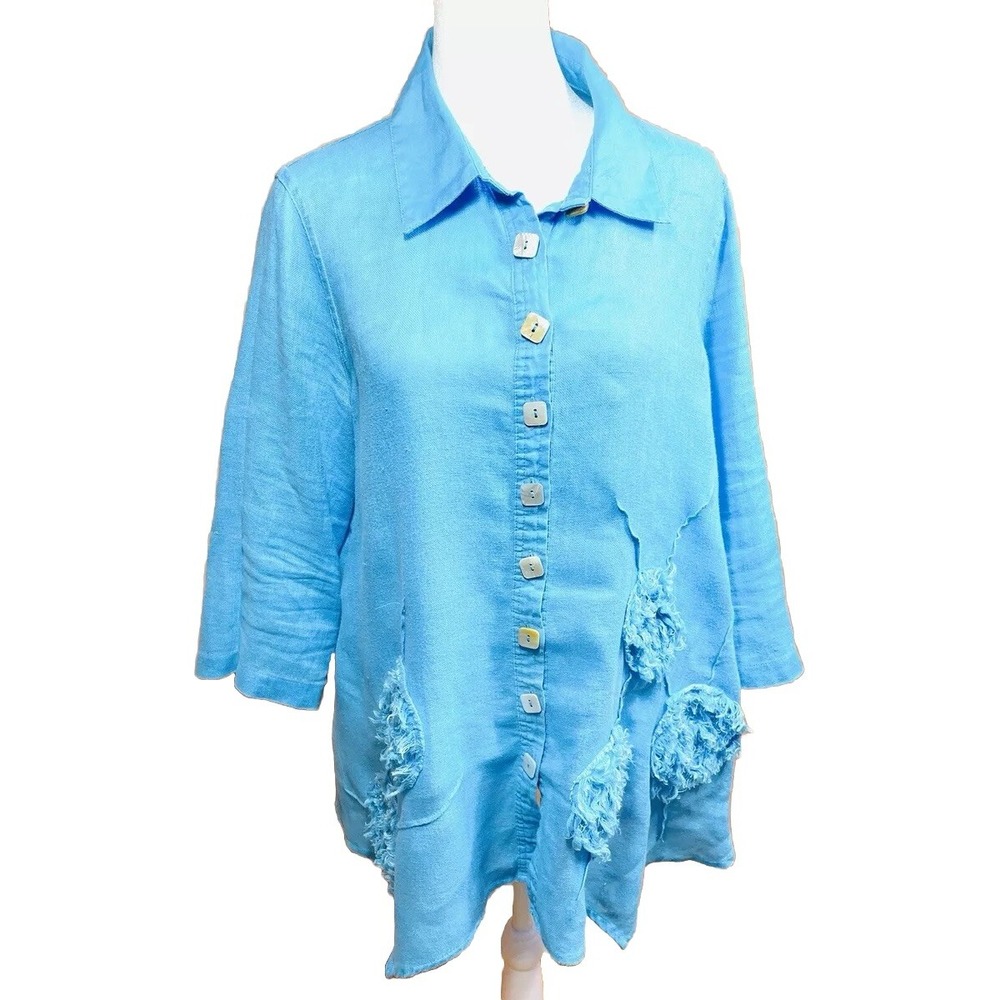 Ali Miles linen shirt Small resort tunic art to wear flowers Aqua blue